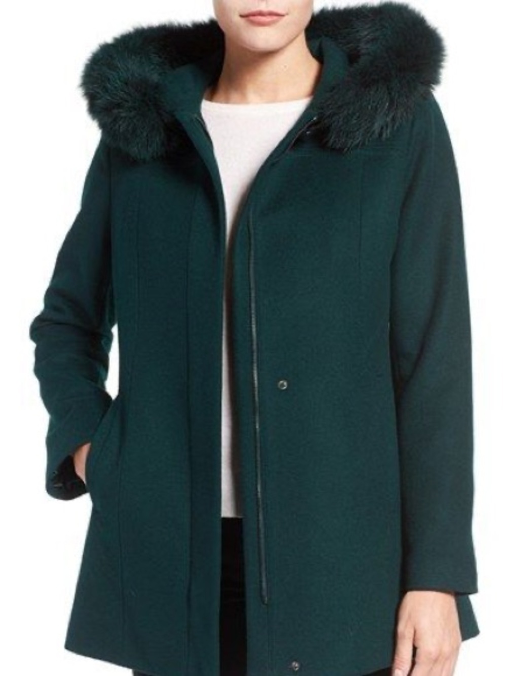 Sachi Collection Womens Forest Green Wool Hooded Coat with real Fox Fur Trim